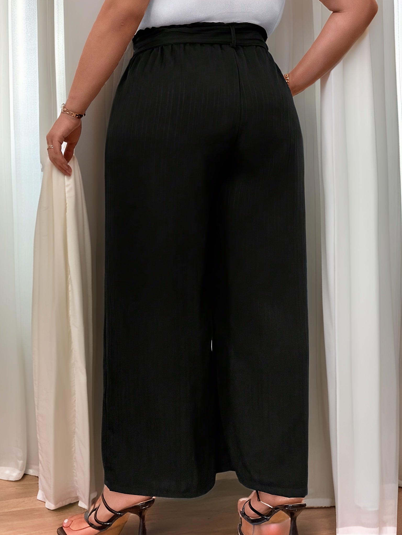  Solid Ribbed Wide Leg Trousers With Belt