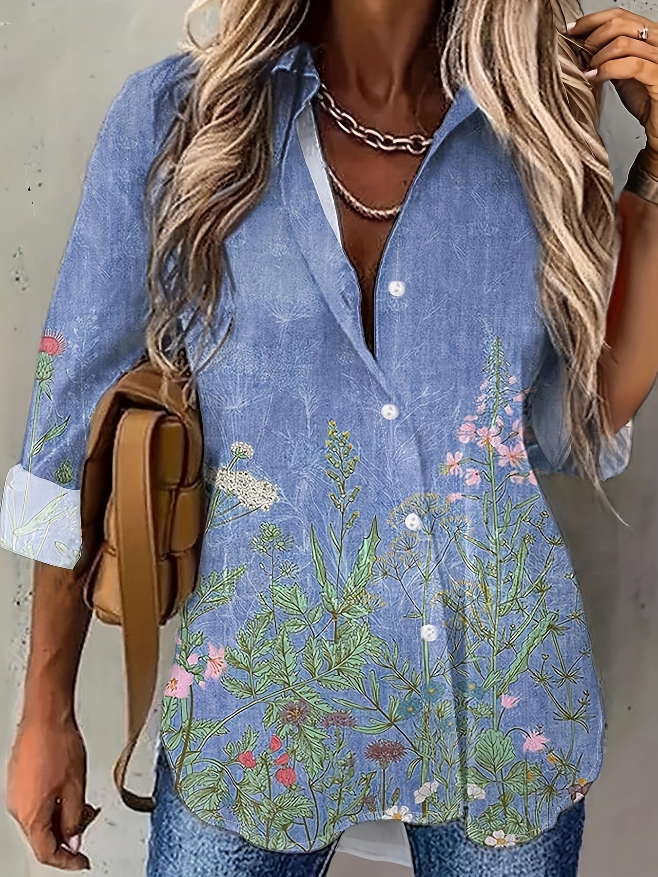  Floral Print Long Sleeve Button Up Shirt
