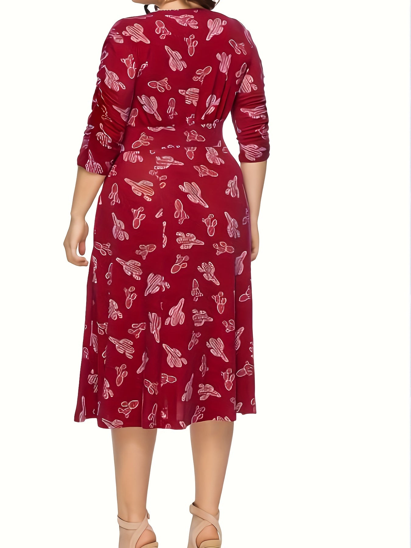  Cactus Print Surplice Neck Midi Dress With Pockets