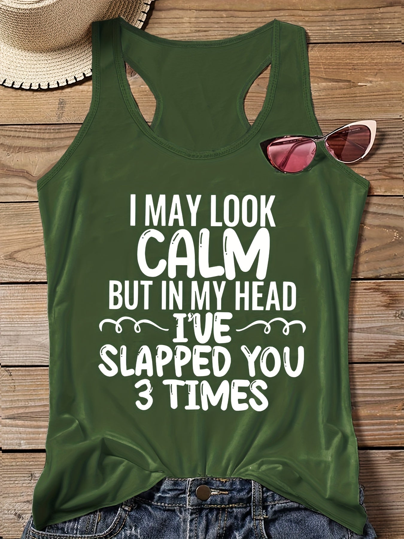 Casual Tank Top Women's Plus Slogan Print Round Neck Vest Top
