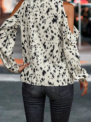  Leopard Print Ruffle Trim Cold Shoulder Blouse