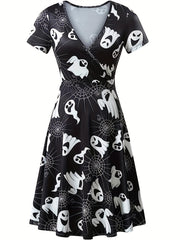  Ghost & Web Print Short Sleeve Dress
