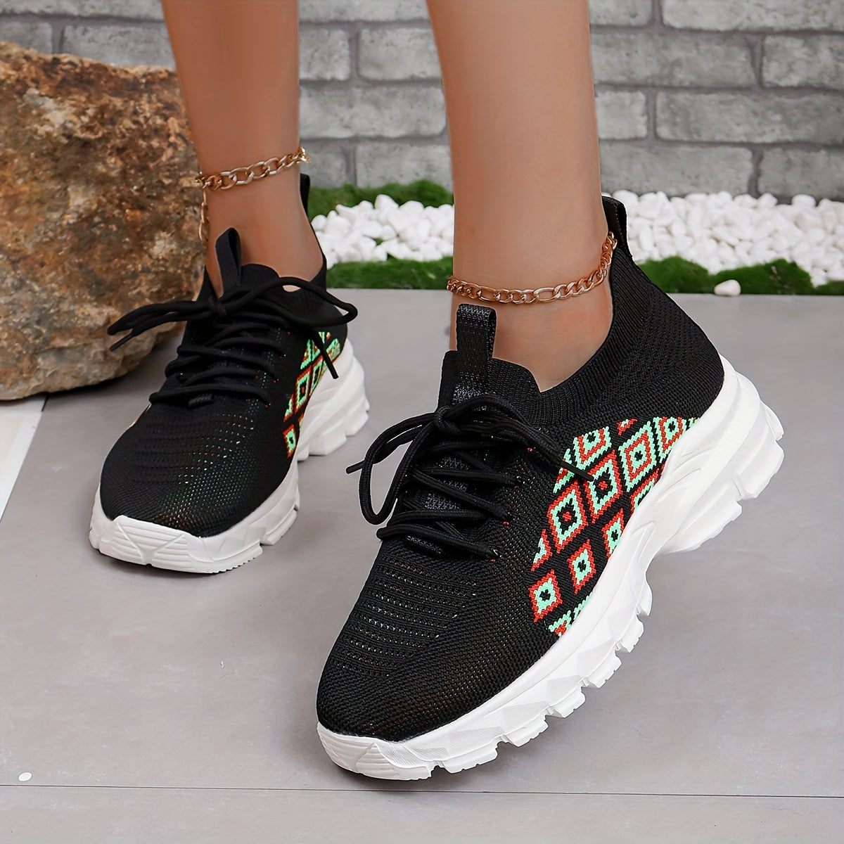 Women's Argyle Lace up Running Shoes Lightweight Sports Sneakers