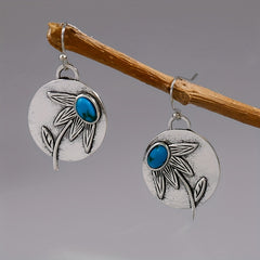 Vintage Disc Turquoise Drop Earrings 925 Silver Plated Ethnic Style Ear Jewelry