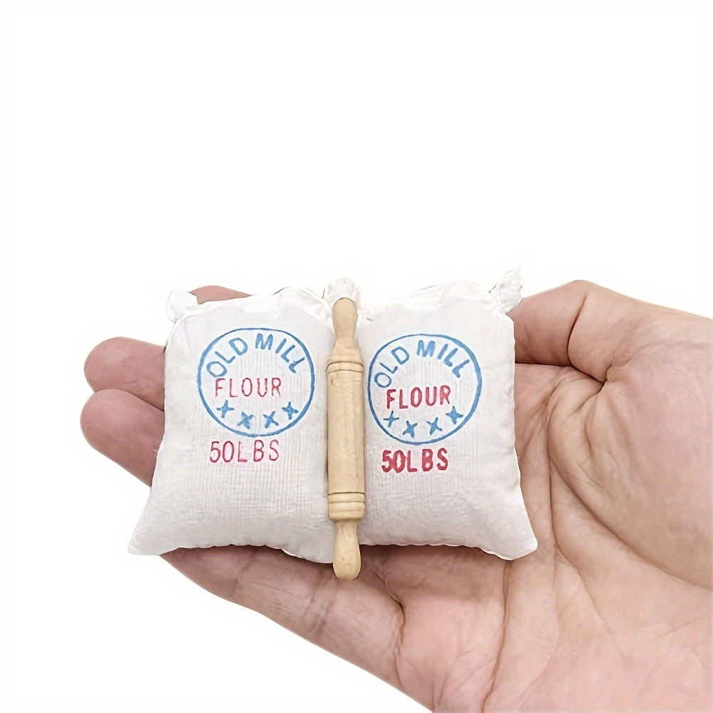 1:12 Scale Flour Bag & Rolling Pin Model Dollhouse Kitchen Decor