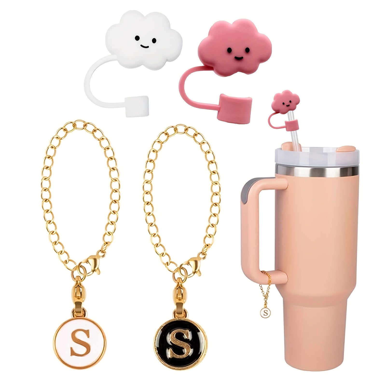2pcs Round Letter Pendant for Cup Handle + 2pcs Dustproof Straw Covers