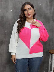  Colorblock Heart Print Round Neck Sweater