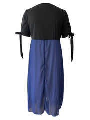  Colorblock Faux Pearl V Neck Maxi Dress
