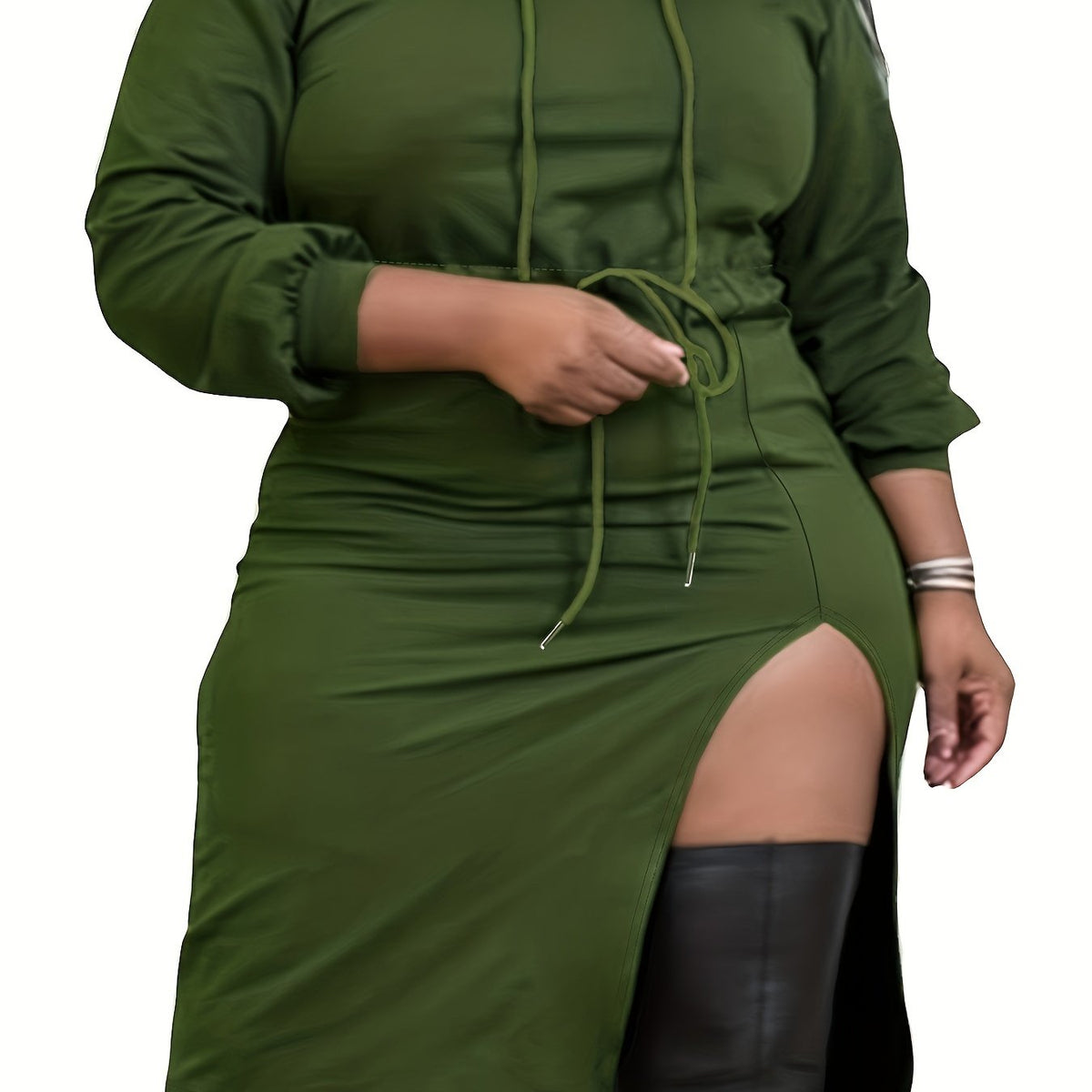  High Split Hoodie Drawstring Tie Waist Sweatshirt Dress