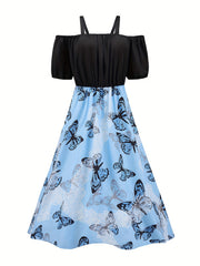  Butterfly Print Cold Shoulder Puff Sleeve A line Cami Dress