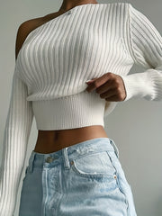 Ribbed Asymmetrical Neck Knit Crop Sweater