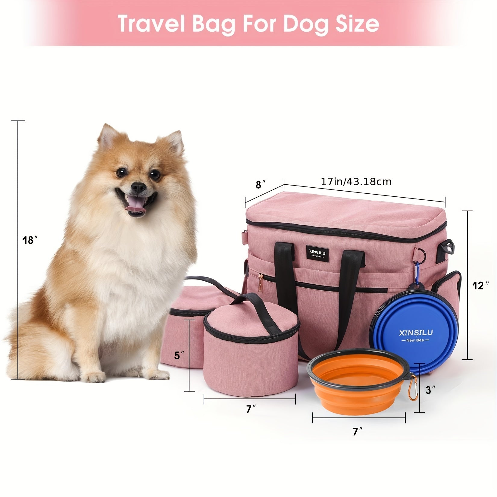 5Pcs Dog Travel Bag Set with 2 Food Containers, 2 Bowls