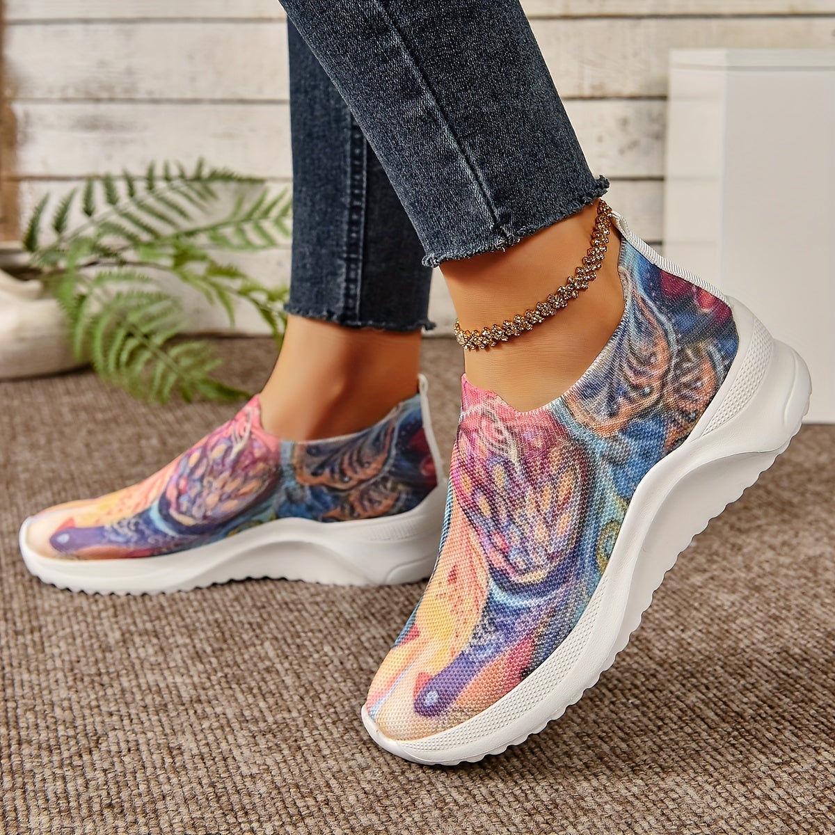Women's Peacock Graphic Flying Running Shoes Comfort Slip on Flat Shoes