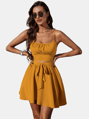 Solid Slim Two-piece Skirt Set Crop Ruched Cami Top & Skirt Outfit