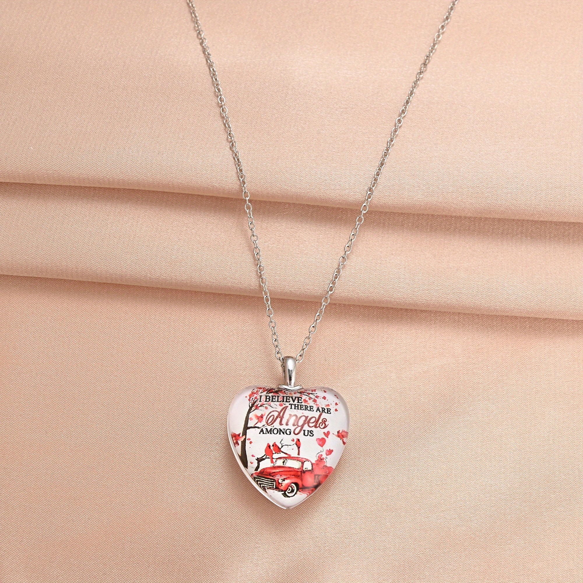 Red Bird & Car Love Heart Crystal Pendant Necklace for Women