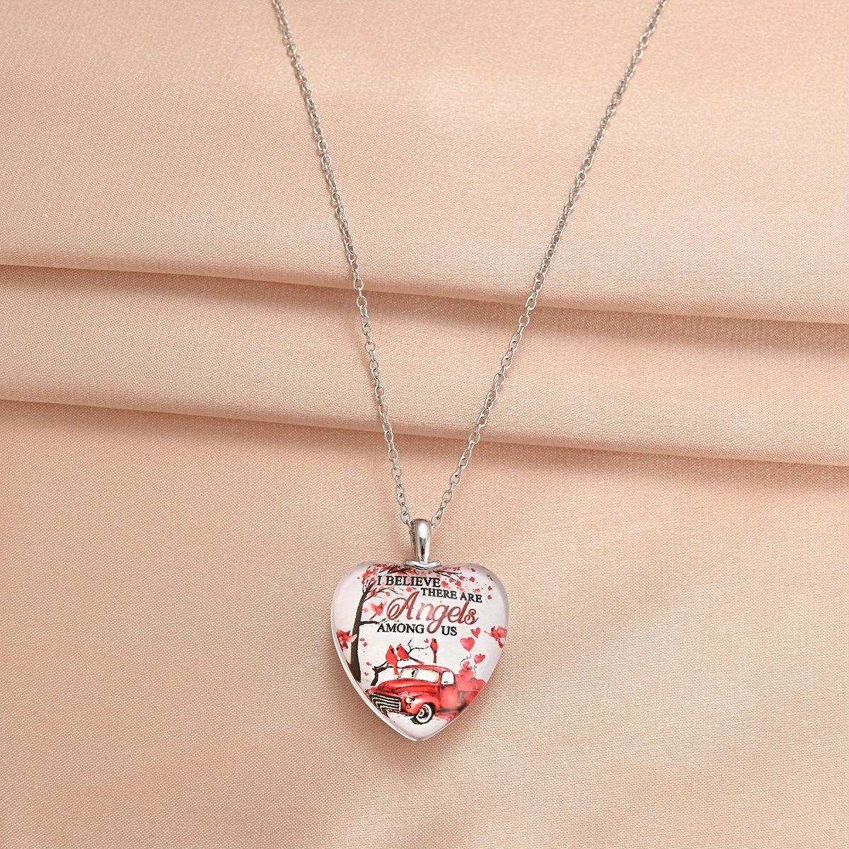 Red Bird & Car Love Heart Crystal Pendant Necklace for Women