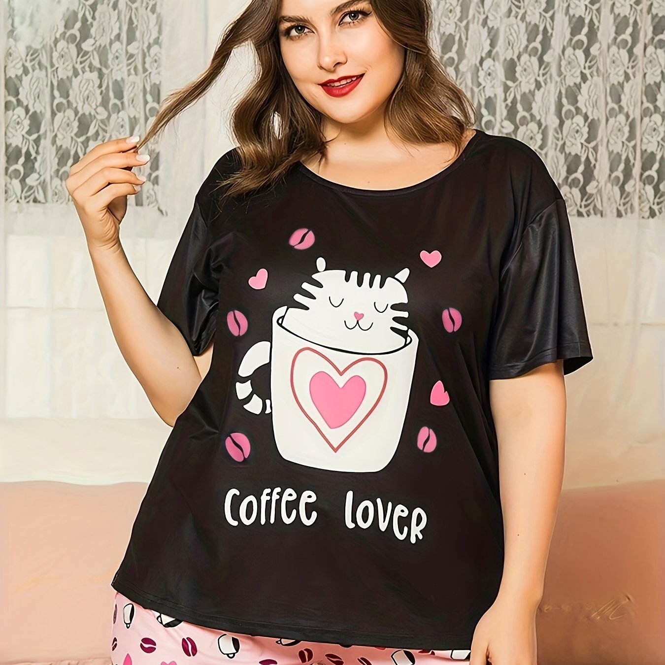  Heart & Cat Print Pajama Set Short Sleeve T shirt & Shorts