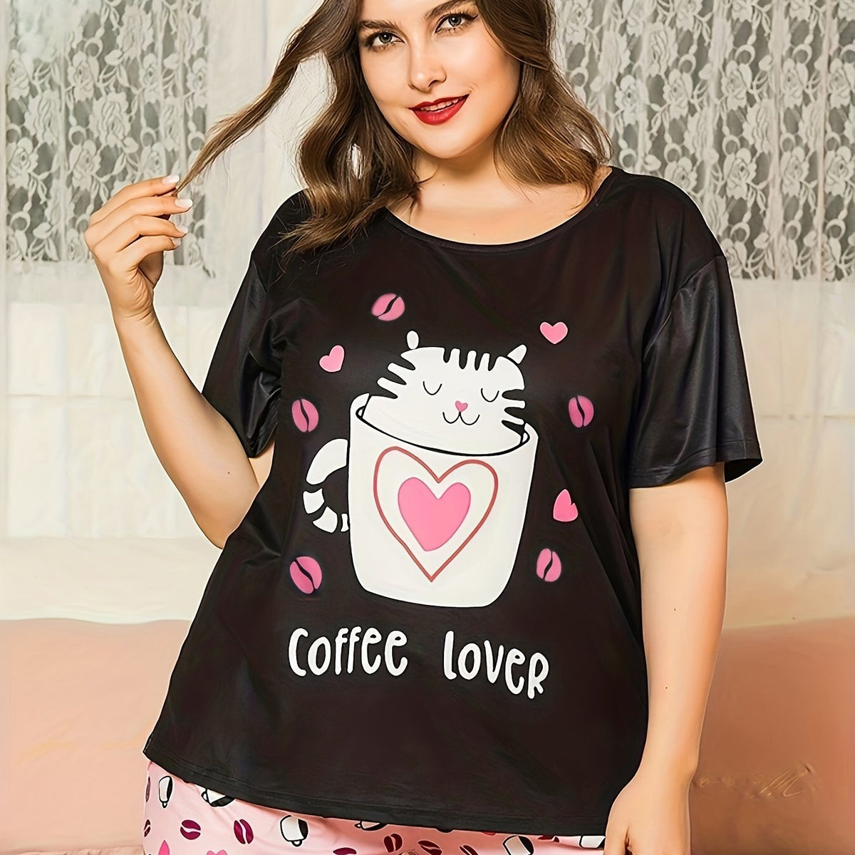  Heart & Cat Print Pajama Set Short Sleeve T shirt & Shorts
