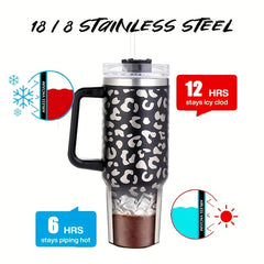 Leopard Print 40oz Insulated Tumbler w/ Handle & Straw Lid Stainless Steel