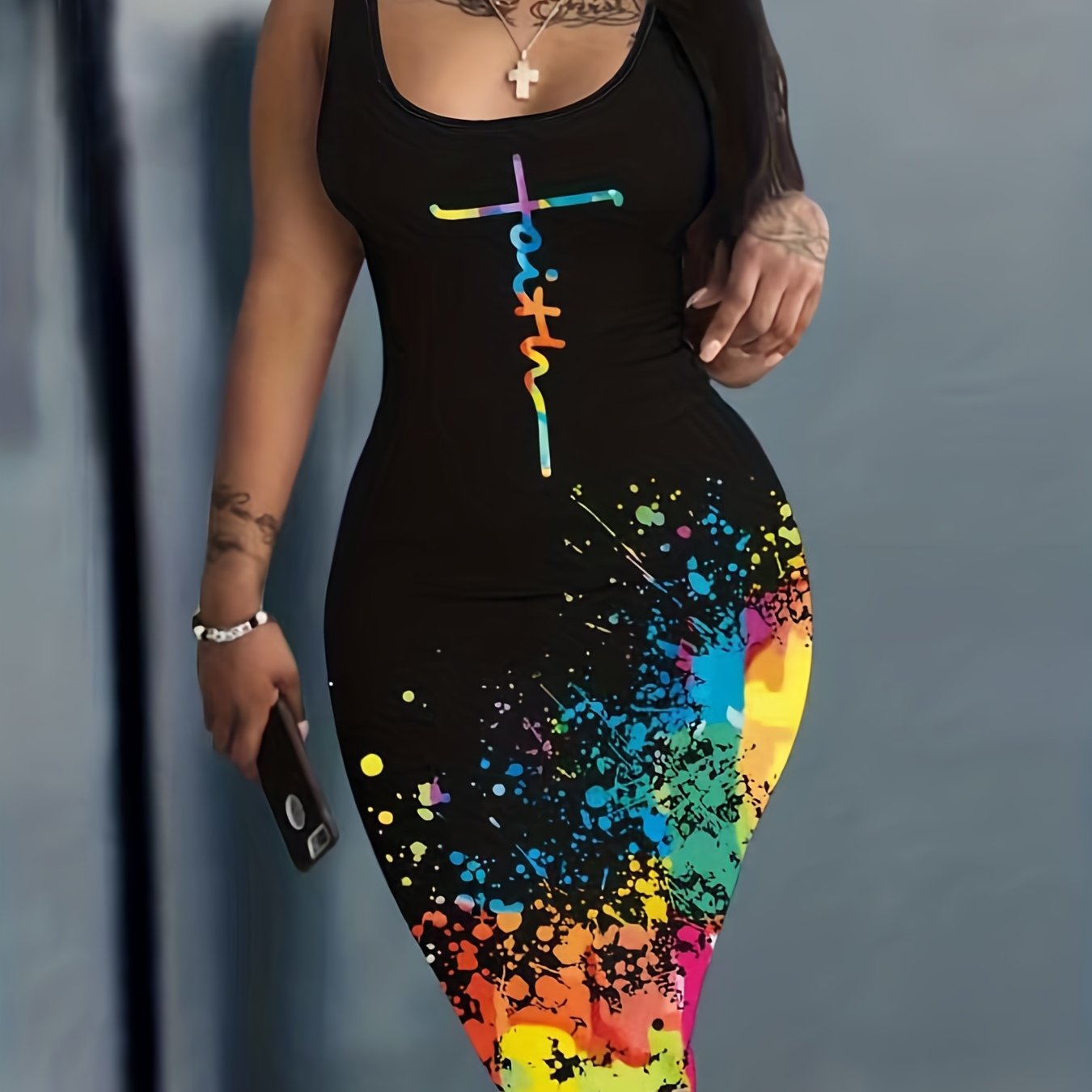  Casual Tank Dress Women's Plus Splash Painting & Art Letter Print