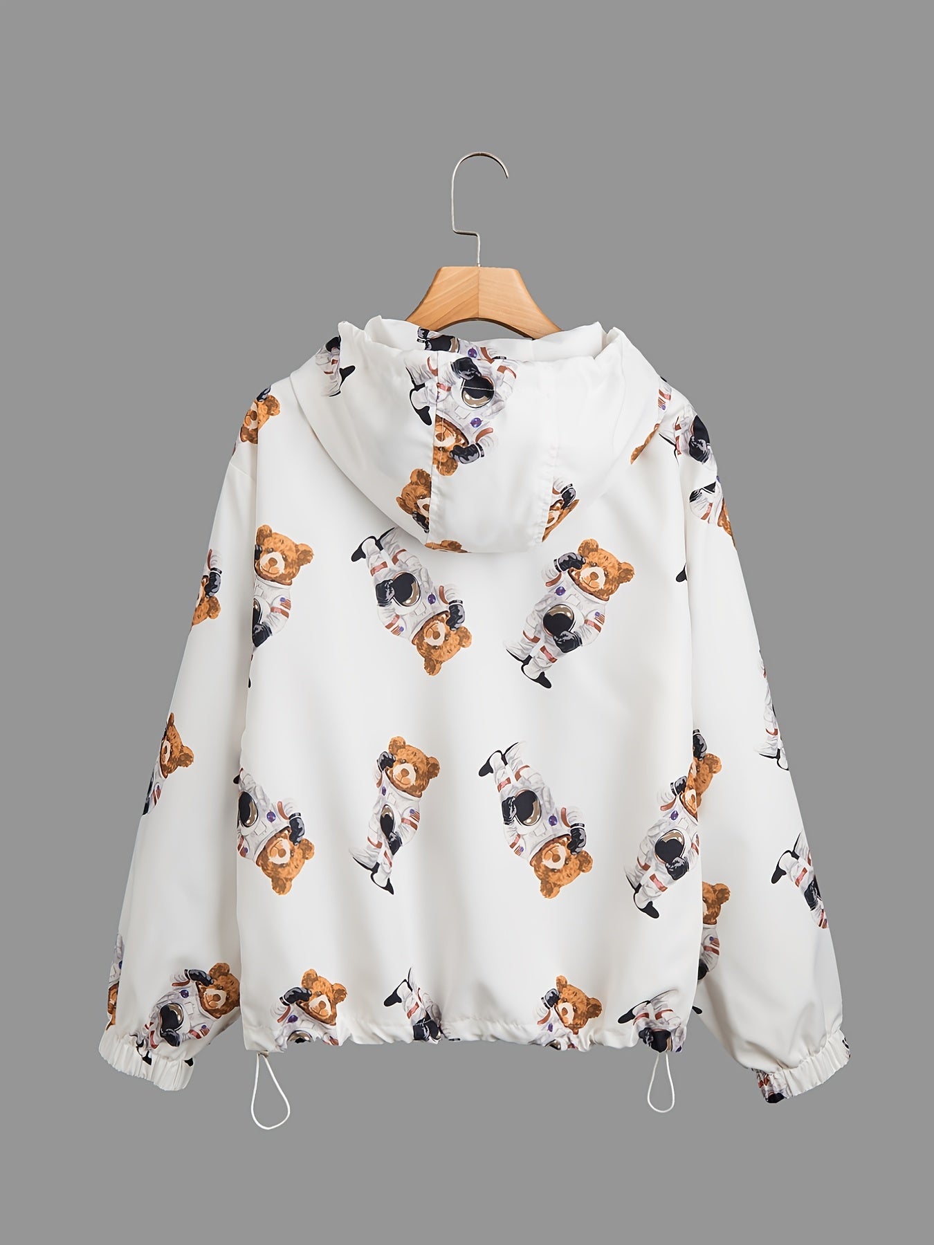 Bear Print Hooded Jacket Long Sleeve Outerwear For Spring & Fall