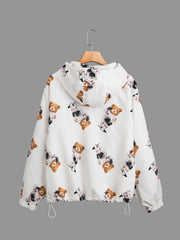 Bear Print Hooded Jacket Long Sleeve Outerwear For Spring & Fall
