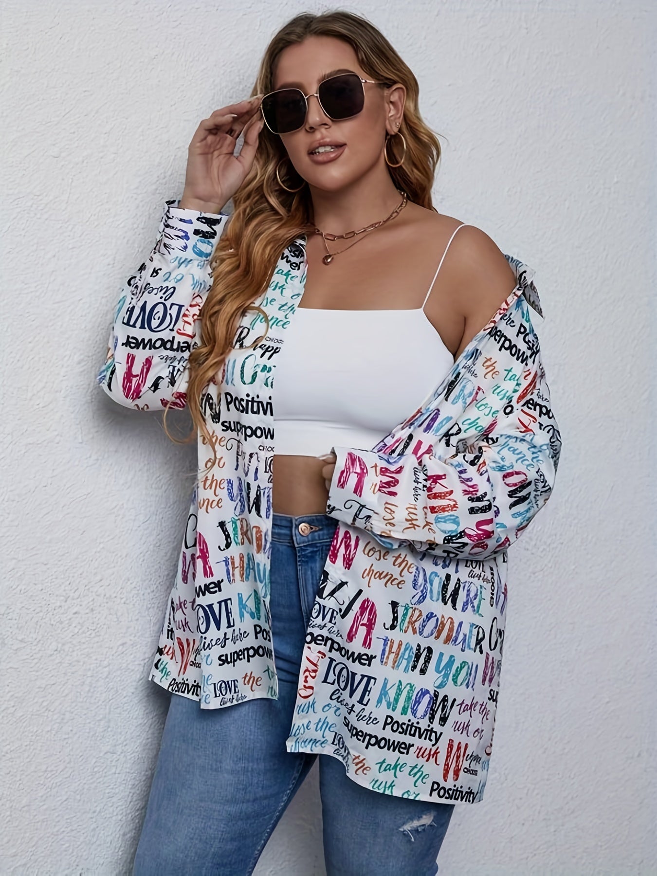  Letter Print Button Up Long Sleeve Blouse