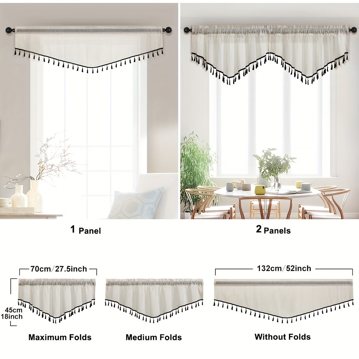 Japanese Linen Short Valance Curtain V-shaped with Tassel Rod Pocket