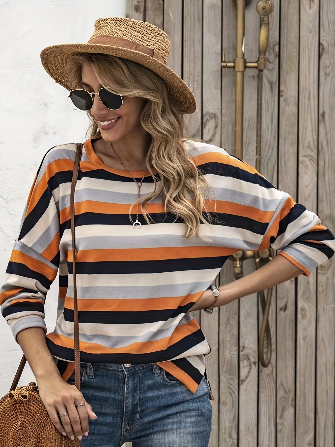  Stripe Print Long Sleeve Round Neck Knit Top