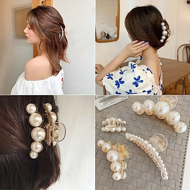 4pcs Faux Pearl Hair Claw Small Large Nonslip Shark Claw For Ponytail Holder