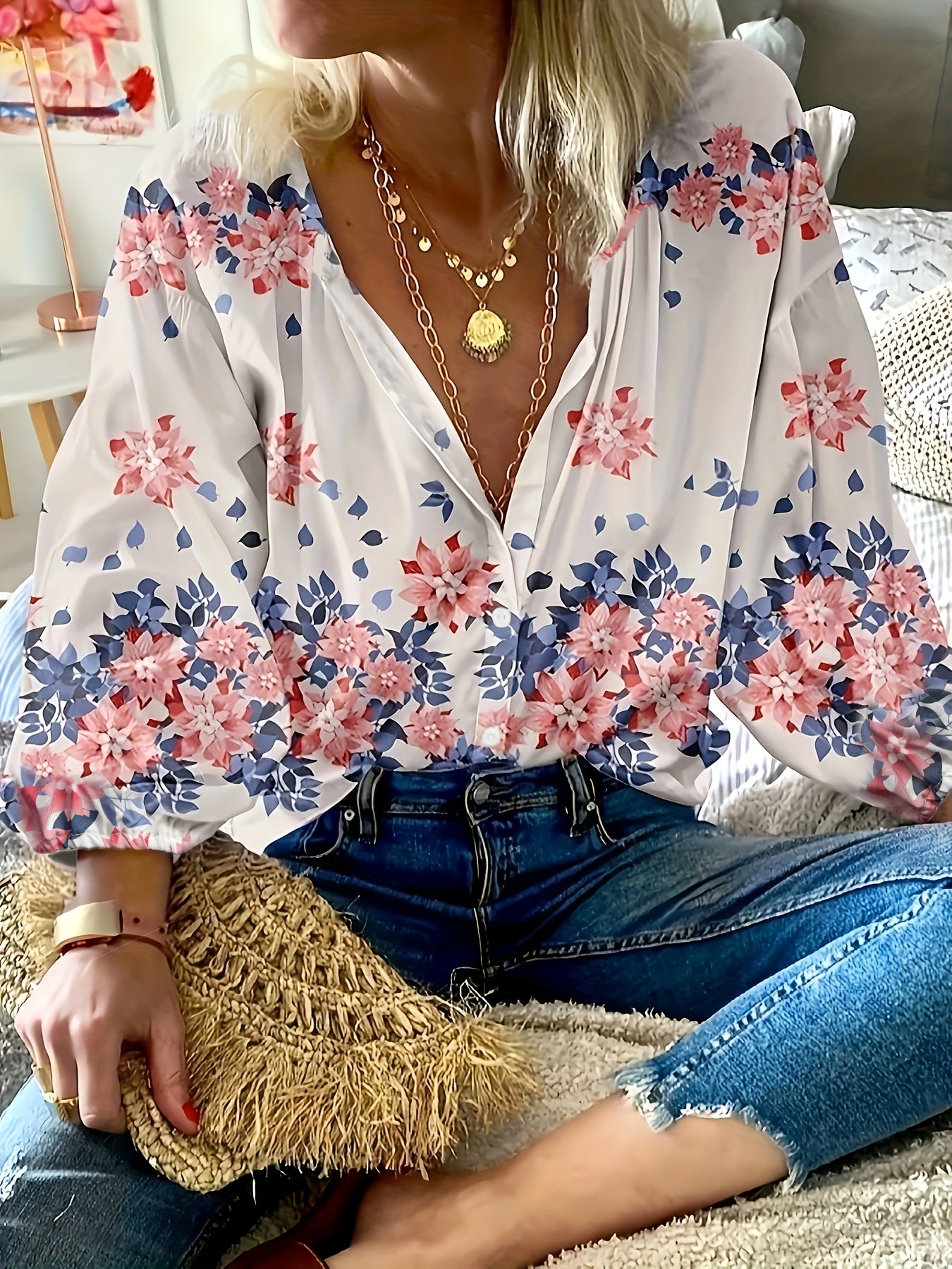  Boho Blouse Women's Floral Print Button Up Lantern Sleeve Top