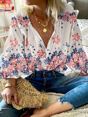  Boho Blouse Women's Floral Print Button Up Lantern Sleeve Top