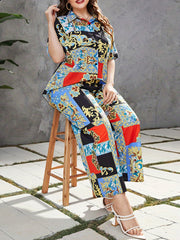  Colorblock Baroque Print Blouse & Wide Leg Pants Outfits 2 Piece Set