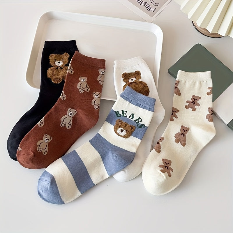 5 Pairs Cartoon Bear Print Socks Comfy & Mid Tube Socks Women's Stockings