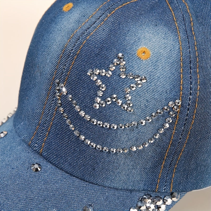 Rhinestone Star Moon Baseball Cap Washed Distressed Hip Hop Dad Hats