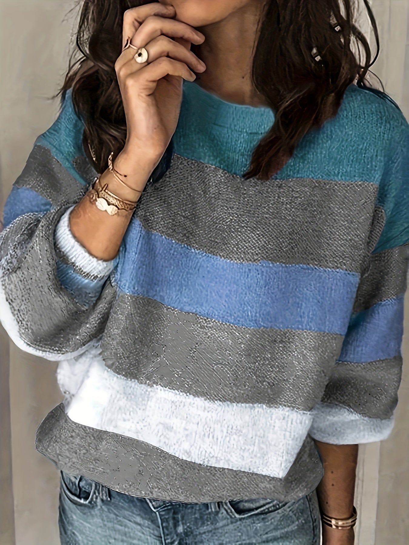  Colorblock Round Neck Sweater