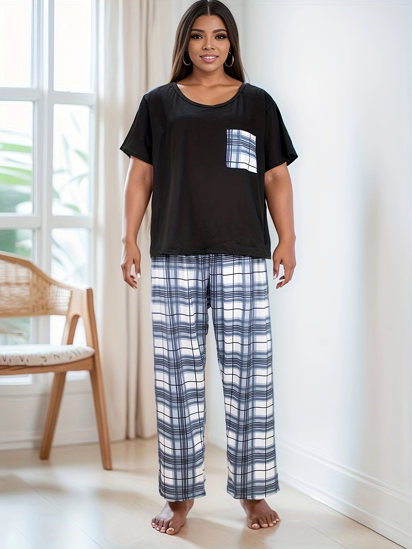  Plaid Print Tee & Pants Loungewear Set