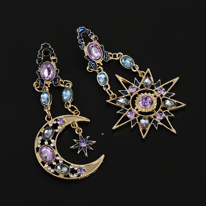 Sun Moon Stars Drop Earrings Rhinestone Punk Earrings For Women