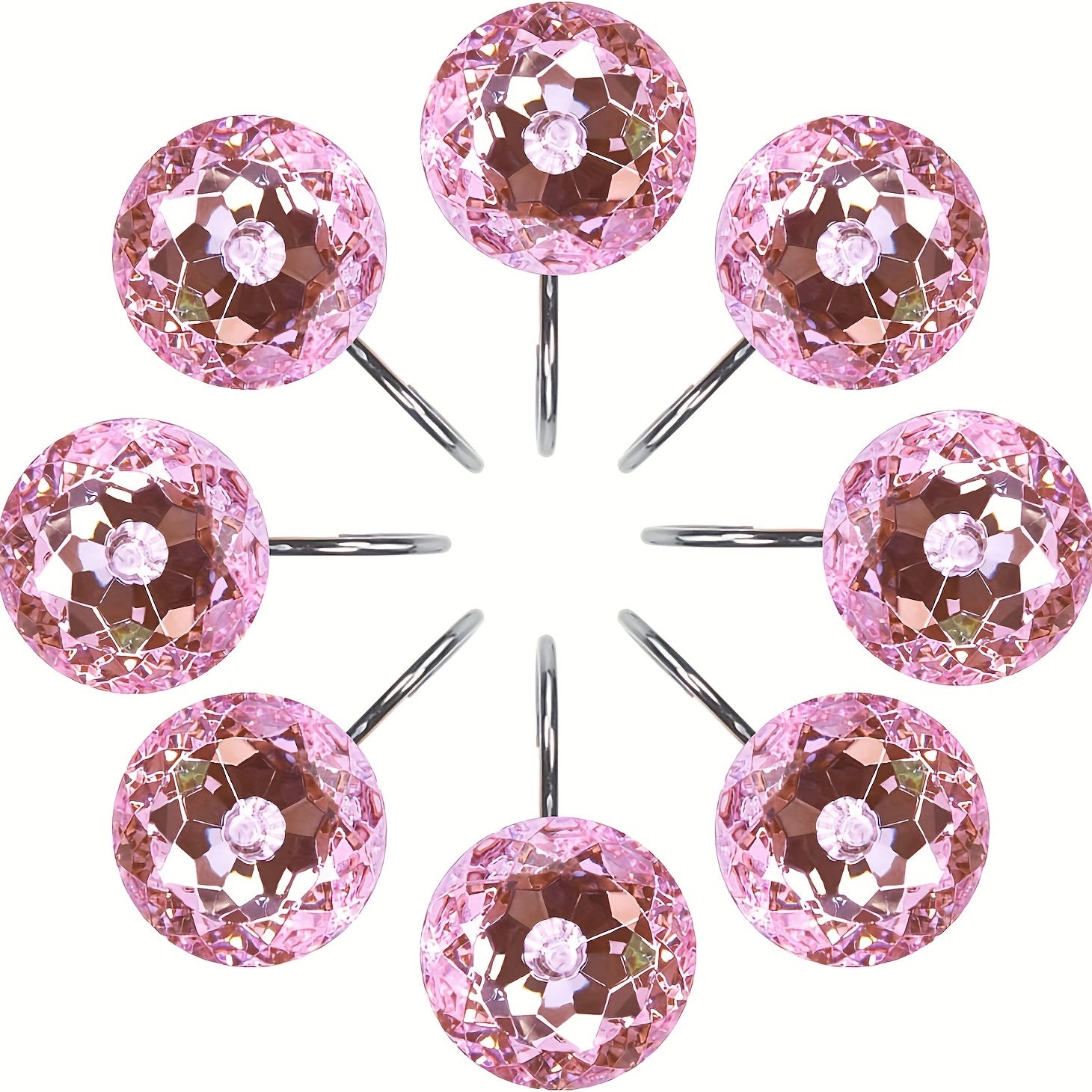 12pcs Pink Rhinestone Shower Curtain Hooks Decorative Round Shower Curtain Rings