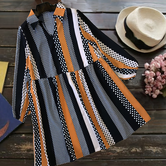  Boho Dress Dot Stripe Print Lantern Sleeve Loose
