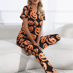  Halloween Pajama Set Women's Pumpkin Print Tee & Pants Lounge Set