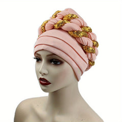 Sequin Braid Turban Cap Pleated Head Wrap Elastic Bonnet Chemo Hats