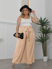 Plus Solid Ruffle Trim Elastic High Rise Wide Leg Trousers