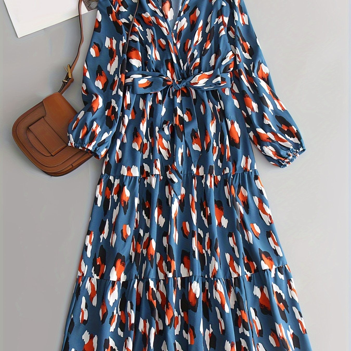  Leopard Print Long Sleeve Dress With Belt