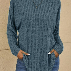 Solid Knit Top Ribbed Long Sleeve Sweater