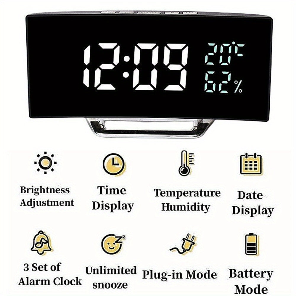 Curved Screen Digital Alarm Clock Temperature Humidity 3 Alarms Unlimited Snooze