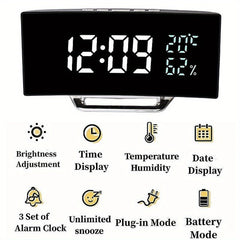 Curved Screen Digital Alarm Clock Temperature Humidity 3 Alarms Unlimited Snooze