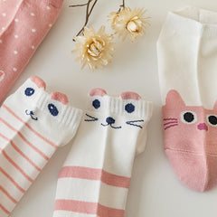 5 Pairs Pink Cat Print Short Socks Soft Lightweight Low Cut Ankle Socks