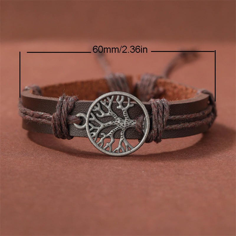 4pcs Set Men's Braided Leather Bracelets Vintage Tree Rudder Charm Brown