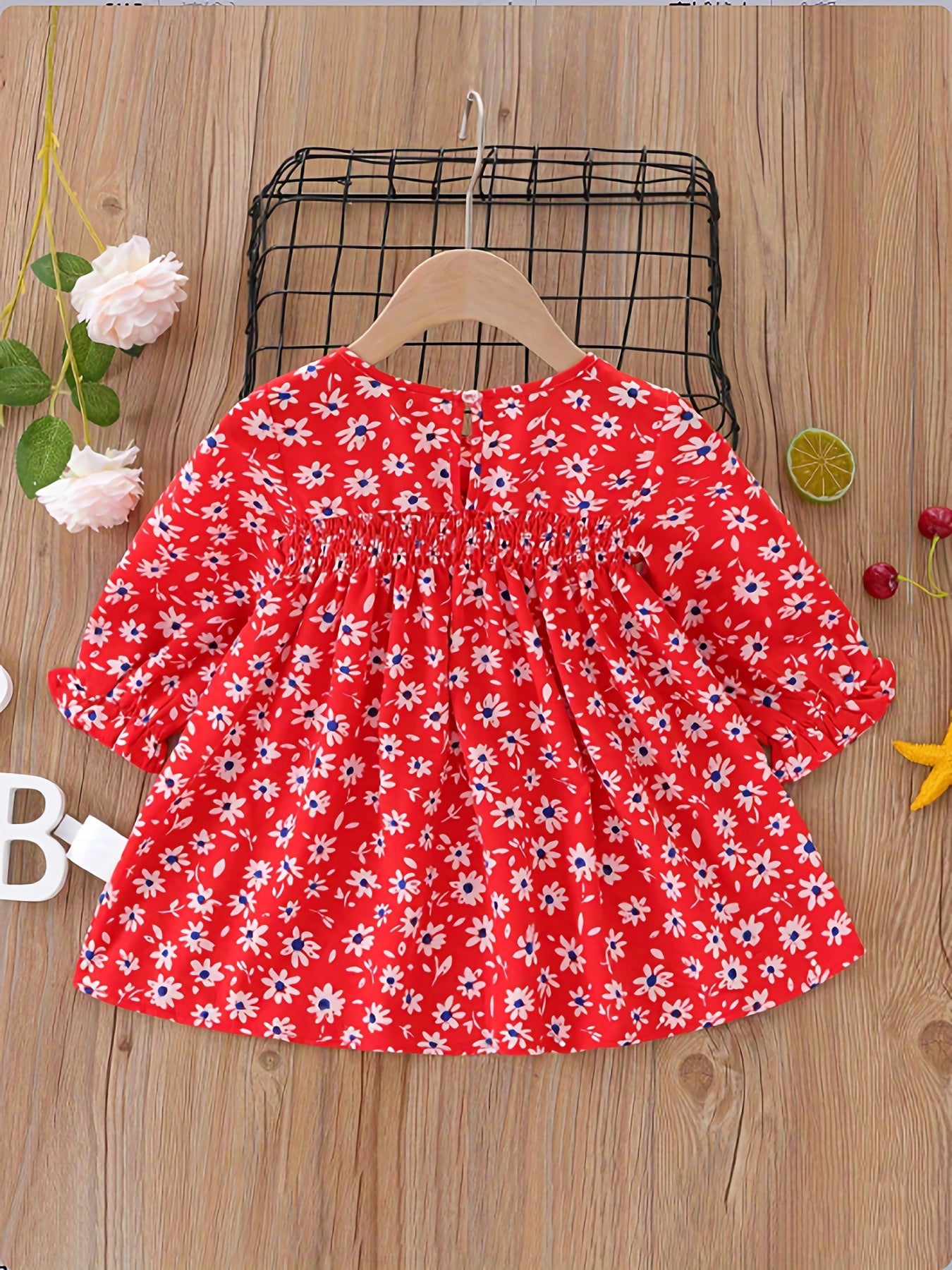 Baby Girls Floral Shirred Puffy Long Sleeve Dress